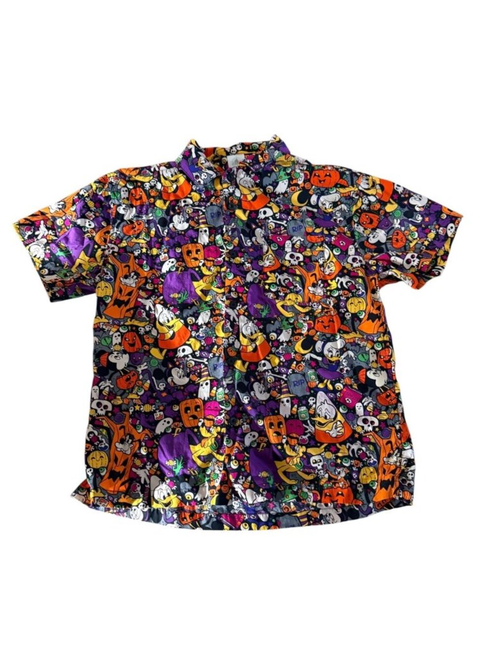 Disney Parks Adult Halloween Button Up Shirt Mickey Pumpkin Ghost Size Medium